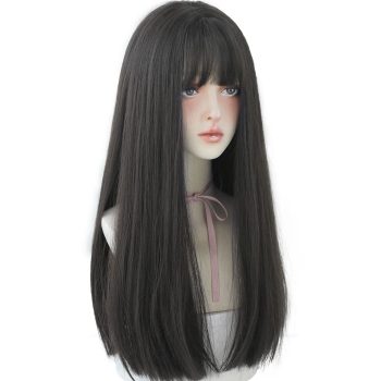 22 Inches long Hair Wig for Women Black Synthetic Hair Natural Long Straight Wig With Bangs Party  Wig for Girl (Black brown)