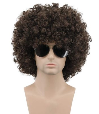 Men Women Afro 70s 80s Short Curly Dark Brown Rocker Party Wig California Halloween Costume Cosplay Wig
