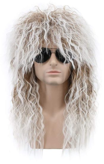 Men and Women Long Curly Brown Gradient White Wig 70s 80s Rocker Mullet Party Funny Wig Costume Wig