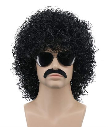 Men Short Curly Black Rocker Mustache Beard Afro Wig California Halloween Cosplay Wig Anime Costume Party Wig (Black)