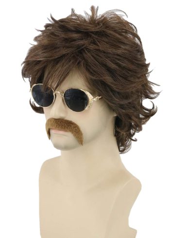 70s Men Wigs Brown Short Wavy  Wig Cosplay Halloween Costume Wigs+Wig Cap and Beard