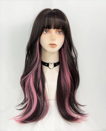 Long Wavy Wig for Women Synthetic Curly Wig with Bangs Fibre  Wig for Girls Daily Use Colorful Wigs (Black+Brown+Pink)