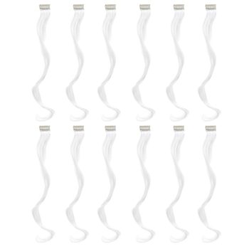 12 Pcs Curly Wavy One Color Party Highlights Clip on in Hair Extensions Colored Hair Streak Synthetic Hairpieces (White)