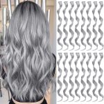 16 Pcs Colored Hair Extensions Curly Wavy Clip in Synthetic Hair Extensions,Colorful Party Highlights Hairpiece Streak for Girls Women Kids(Grey)
