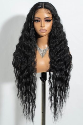 30" Long Wavy Lace Front Deep Part Wig Superior Natural Hair with Baby Hair Heat Resistant Synthetic Wigs For Women 130% Density(Black Color)