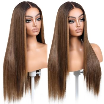 Brown and Blonde Highlight Synthetic Lace Front Wigs for Women Long Straight Wear and Go Glueless Wig Pre Plucked 13x5x1 HD Lace Middle Part 26 Inch