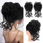 Messy Bun Hair Piece, Tousled Updo with Tendrils Hair Bun Extensions Wavy Curly Hair Wrap Ponytail Hairpieces Hair Scrunchies for Women  Black