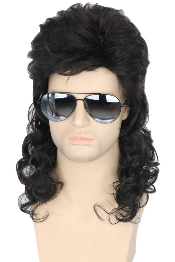 Men Wigs 80s Mullet Wig Black Curly Male Wig Halloween Costumes Punk Rocker Wig Long