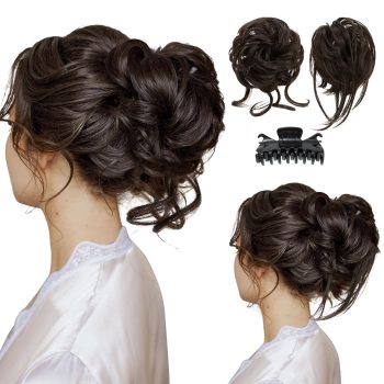 2PCS Messy Bun Hair Pieces Detachable Claw Clip Wavy Curly Synthetic Hairpieces Fake Scrunchies Updo Ponytail Extension for Women Dark Brown