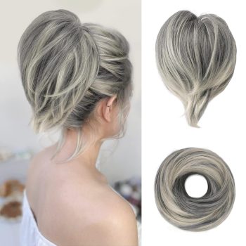 Straight Hair Bun Extensions - Short Straight Ponytail Gray Hair Bun Extensions for Women, Elastic Synthetic Messy Hair Bun Scrunchies Hairpieces Daily - Dark Grey with White Tips