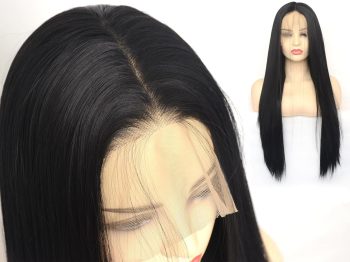 Long Straight 13x6 Lace Front Wigs # Black Natural Heat Resistant Synthetic Hair Half Hand Tied Wigs for Women  Daily Wear (Black, 22 inches)