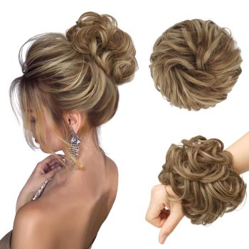 Messy Bun Hair Piece - Large Wavy Curly Elastic Hair Bun Scrunchies Ponytail Extensions Synthetic Chignon Hairpieces for Women, Brown & Blonde 1.94oz