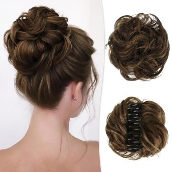 Claw Clip Messy Bun Hair Piece 100% Real Human Hair Buns Curly Chignon Hair Bun Extensions Wavy Tousled Updo Hair Buns Claw Clip Ponytail Hairpieces for Women(Dark Brown with Light Golden Brown)