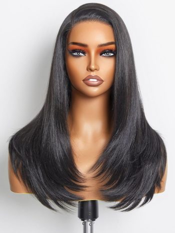Short Black Straight Wig 18 Inch 180 Density Glueless Wig Put On  Side Part Silky Pre-Plucked Crafted with  Technology: Premium Fiber & Remy Human Hair Blend