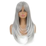 Long Layered Straight Wig with Bangs Synthetic Hair Wig for Women with Wig Cap (Grey Silver Ombre)