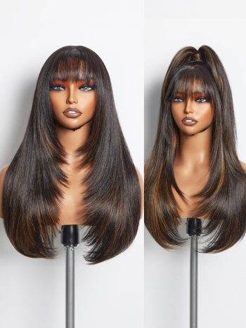 Highlight Straight Layered Wigs with Bangs Glueless Black Mixed Brown Wig 22 Inch Put On  Crafted with  Premium Fiber Natural Hairline