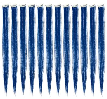 12 Pcs Straight One Color Party Highlights Clip on in Hair Extensions Colored Hair Streak Synthetic Hairpieces (Blue)